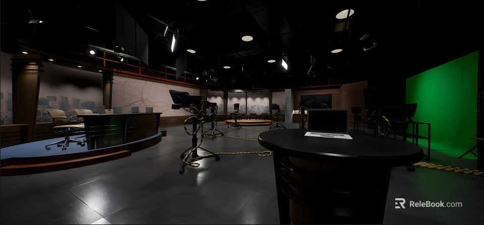 Studio Control Room Setup With Black Table Laptop Overhead Lights Coiled Cables And Brick Walls 3d model 