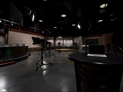 Studio Control Room Setup With Black Table Laptop Overhead Lights Coiled Cables And Brick Walls 3d model