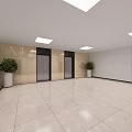 Modern Elevator Lobby With Multiple Doors Marble Flooring And Potted Plants 3d model