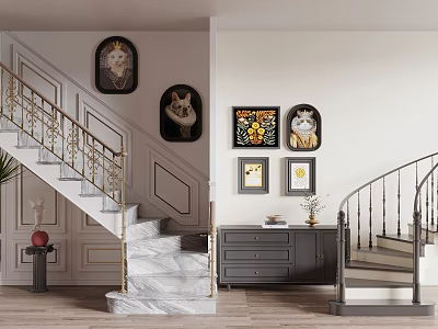 Staircase with Golden Railings Marble Steps and Cat Decor Paintings Wall Gray Cabinet Wooden Floor 3d model
