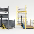 Yellow Metal Cage Industrial Equipment With Metal Railings Wooden Floor And Blue Wheels