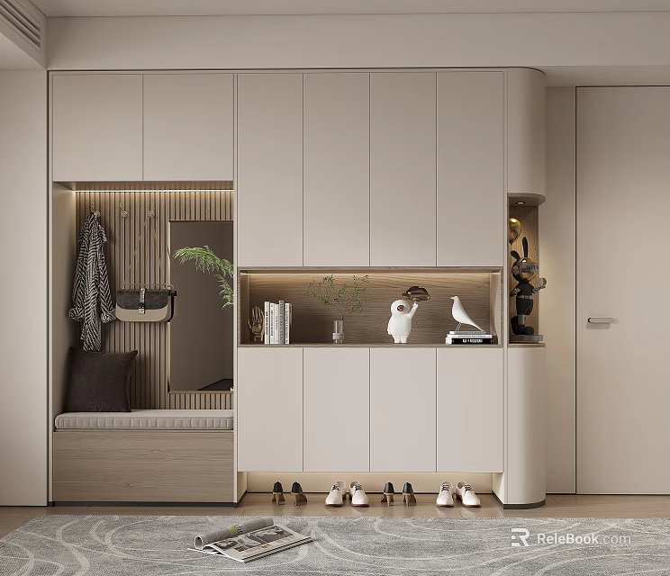 Modern Shoe Cabinet With Storage Bench Clothing Rack And Decorative Plants 3d model 