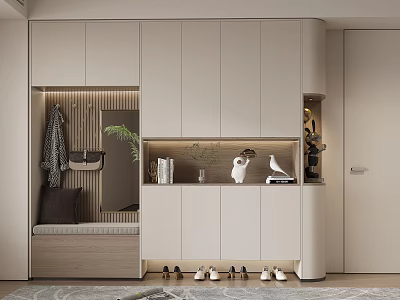 Modern Shoe Cabinet With Storage Bench Clothing Rack And Decorative Plants 3d model
