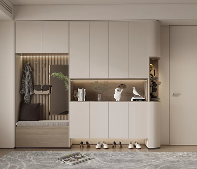 Modern Shoe Cabinet With Storage Bench Clothing Rack And Decorative Plants 3d model