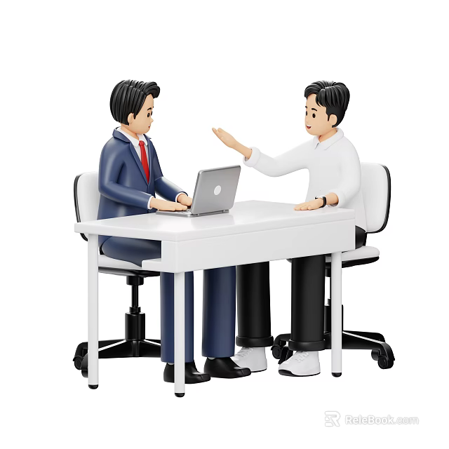 Two Men Discussing As One Gestures At White Table With Laptop 3d model 