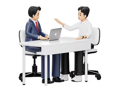Two Men Discussing As One Gestures At White Table With Laptop 3d model