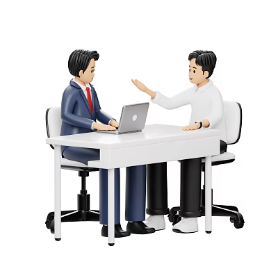Two Men Discussing As One Gestures At White Table With Laptop 3d model