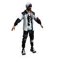 A Man With White Hair Mask In White Jacket Black Sleeves Patterned T-shirt Black Pants