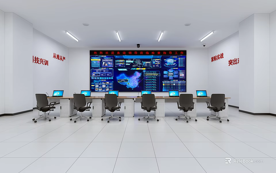 Modern Monitoring Room Interior With Large Surveillance Screen Tech Elements Multiple Computers And Chairs 3d model 