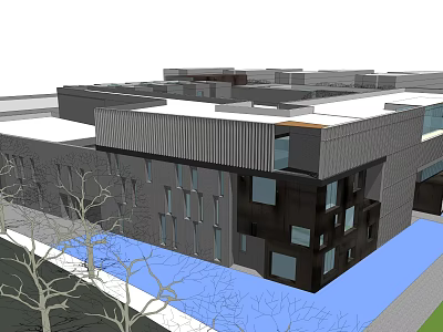 Modern Commercial Complex Exterior With Glass Curtain Walls And Water Feature 3d model