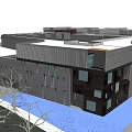 Modern Commercial Complex Exterior With Glass Curtain Walls And Water Feature