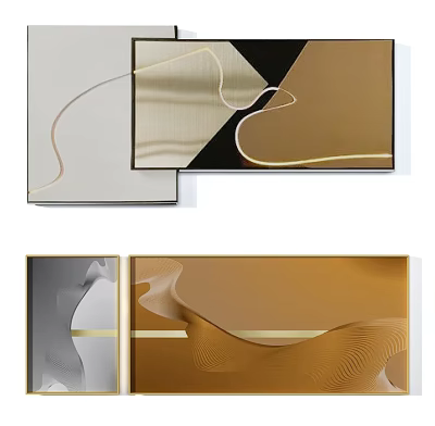Modern Abstract Wall Art With Geometric Lines And Wavy Patterns In Gold Gray Beige Tones 3d model