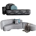 Gray Curved Multi seater Sofa With Light Blue Pillows And Throw Blanket 3d model