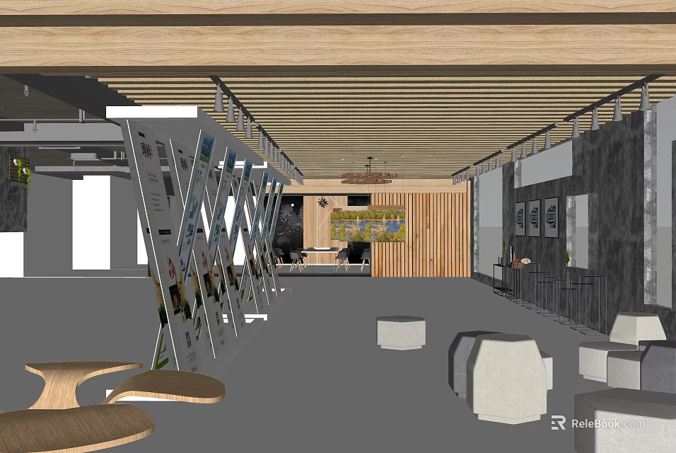 Public Office Area Interior With Wooden Ceiling Open Layout Display Shelves And White Cube Seats 3d model 