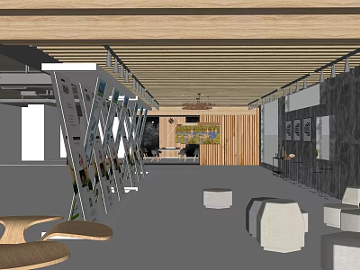 Public Office Area Interior With Wooden Ceiling Open Layout Display Shelves And White Cube Seats 3d model