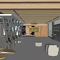 Public Office Area Interior With Wooden Ceiling Open Layout Display Shelves And White Cube Seats