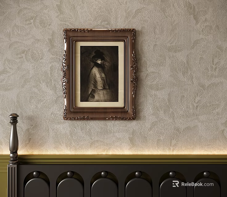 Portrait Painting In Brown Carved Frame On Light Floral Wallpaper Background With Dark Furniture Top 3d model 
