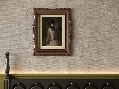 Portrait Painting In Brown Carved Frame On Light Floral Wallpaper Background With Dark Furniture Top 3d model