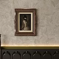 Portrait Painting In Brown Carved Frame On Light Floral Wallpaper Background With Dark Furniture Top