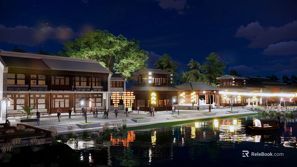 Commercial Street With Traditional Architecture Nighttime Lighting Waterfront And Pedestrians 3d model 