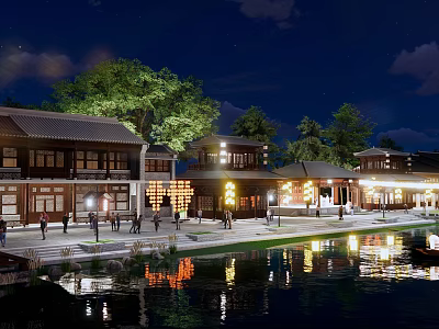 Commercial Street With Traditional Architecture Nighttime Lighting Waterfront And Pedestrians 3d model