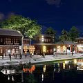 Commercial Street With Traditional Architecture Nighttime Lighting Waterfront And Pedestrians