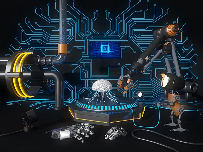 High Tech Exhibition Hall Showcasing Robotic Arms Neural Network Models And Interactive Displays 3d model