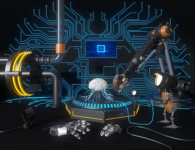 High Tech Exhibition Hall Showcasing Robotic Arms Neural Network Models And Interactive Displays 3d model