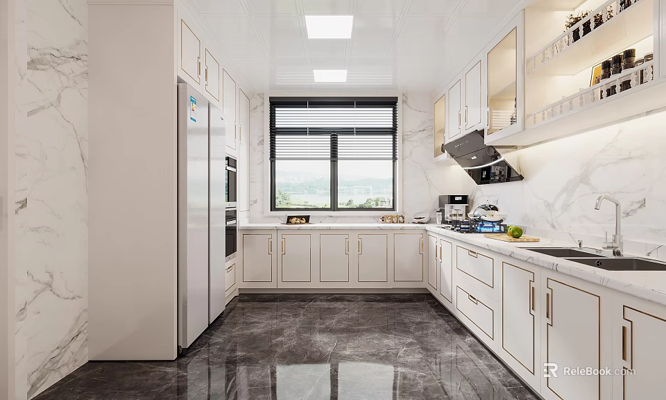 Modern Kitchen Interior With White Cabinets Marble Countertops Window And Appliances 3d model