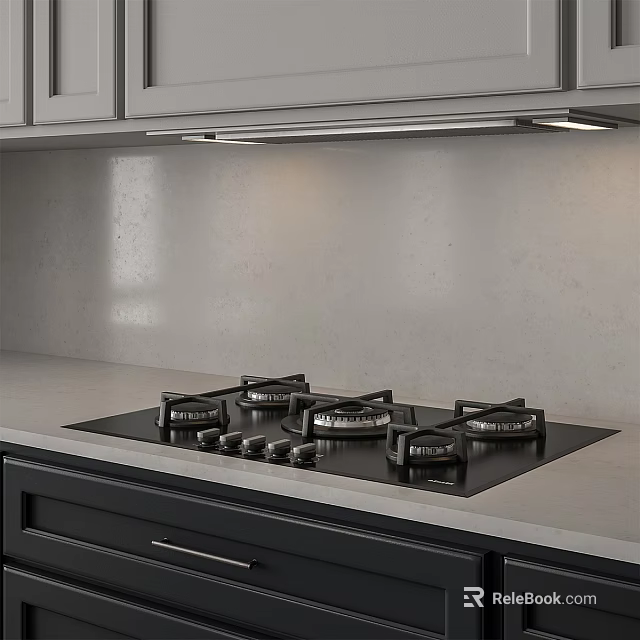 Modern Kitchen Interior With Sleek Gas Stove Light Countertop And Grey Cabinets 3d model 