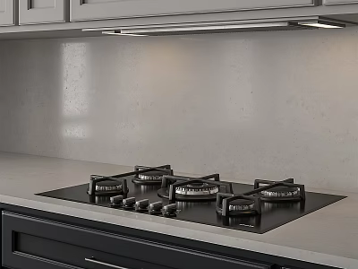 Modern Kitchen Interior With Sleek Gas Stove Light Countertop And Grey Cabinets 3d model