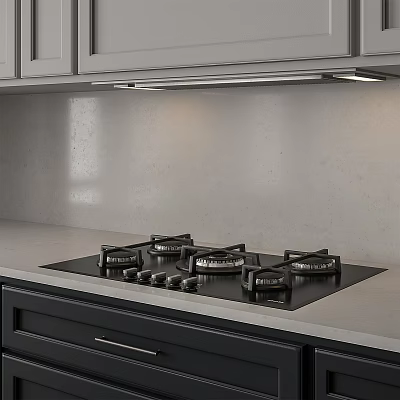 Modern Kitchen Interior With Sleek Gas Stove Light Countertop And Grey Cabinets 3d model