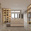 Modern Walk In Closet Interior With Glass Wardrobes And Central Island