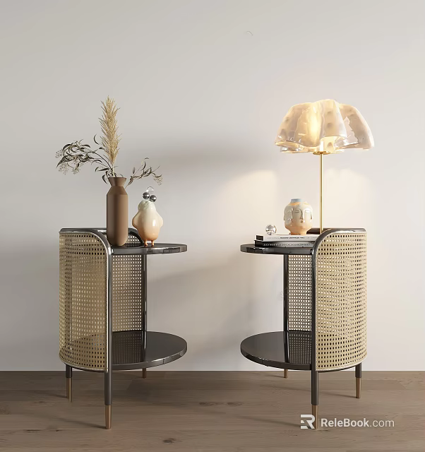 Pair of Rattan Side Tables With Gold Metal Frame And Table Lamp In Living Room Interior 3d model 