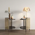 Pair of Rattan Side Tables With Gold Metal Frame And Table Lamp In Living Room Interior