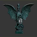 Green Dragon Sculpture With Spread Wings Ornate Base Tentacle Details And Round Mirror Center