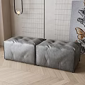 Elegant Modern Gray Leather Ottoman In Living Room With Decorative Painting And Plant