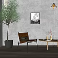 Leisure Chair in Interior with Large Green Plant Black Pot Abstract Wall Art Wooden Table and Vases
