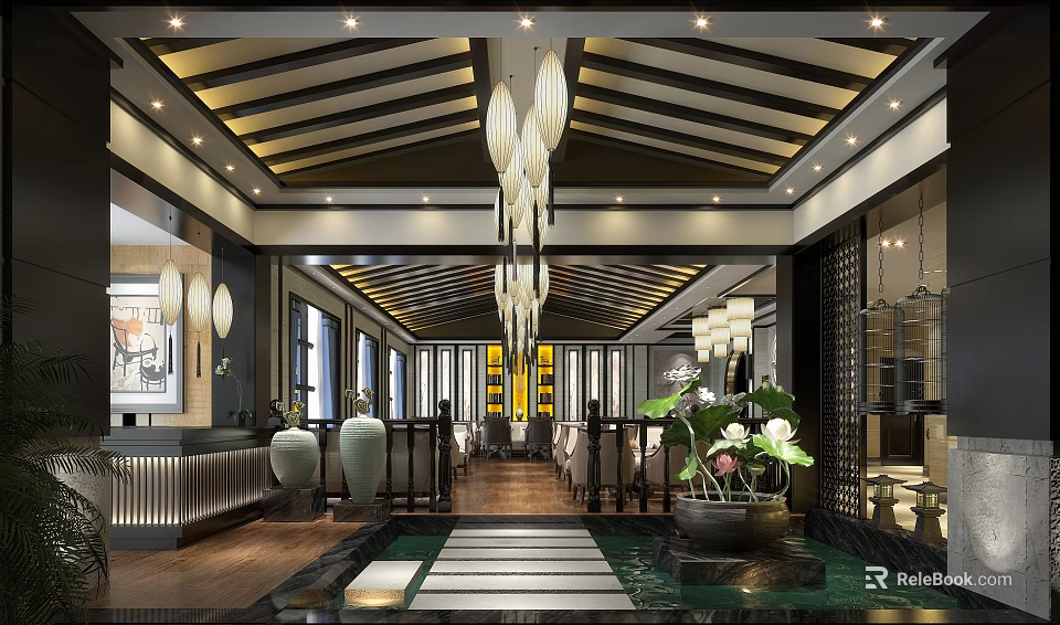 Traditional Chinese Restaurant Interior With Wooden Ceiling Hanging Lanterns Decorative Vases And Lotus Plants 3d model 