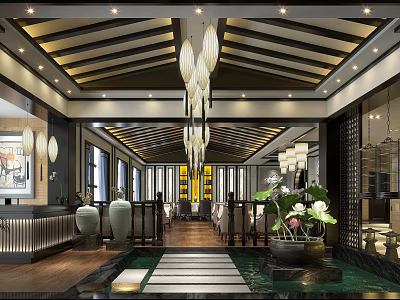 Traditional Chinese Restaurant Interior With Wooden Ceiling Hanging Lanterns Decorative Vases And Lotus Plants 3d model