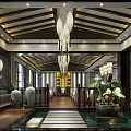 Traditional Chinese Restaurant Interior With Wooden Ceiling Hanging Lanterns Decorative Vases And Lotus Plants