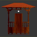 Wooden Pavilion With Red Tiled Roof Wooden Columns Carved Railings And Door