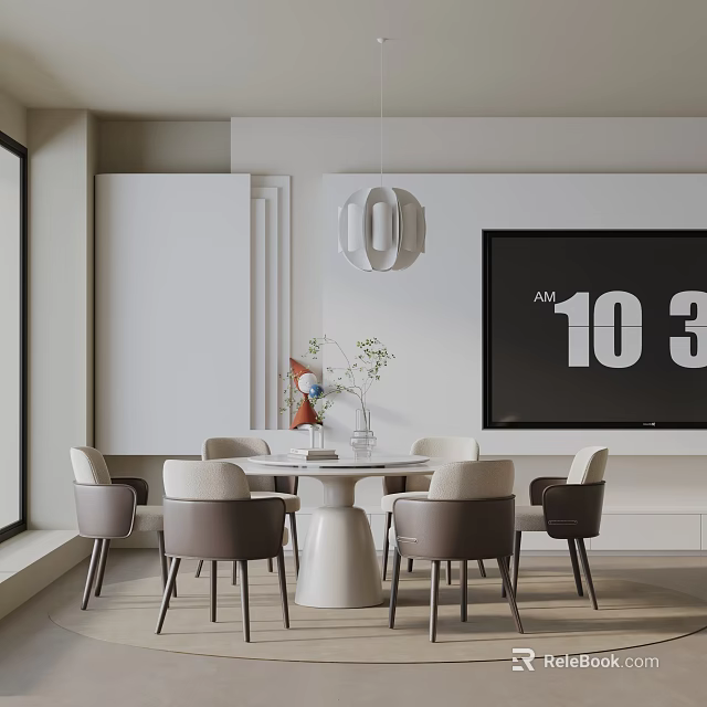 Modern Dining Table Set With Chairs Pendant Light Decorative Vase Plant And TV On Wall 3d model 