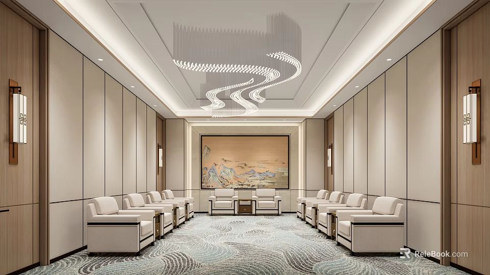Hotel Public Lounge Area With Modern Elegant Design Beige Sofas Landscape Painting Chandelier And Carpet 3d model 