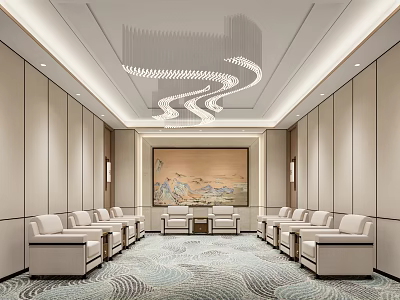 Hotel Public Lounge Area With Modern Elegant Design Beige Sofas Landscape Painting Chandelier And Carpet 3d model