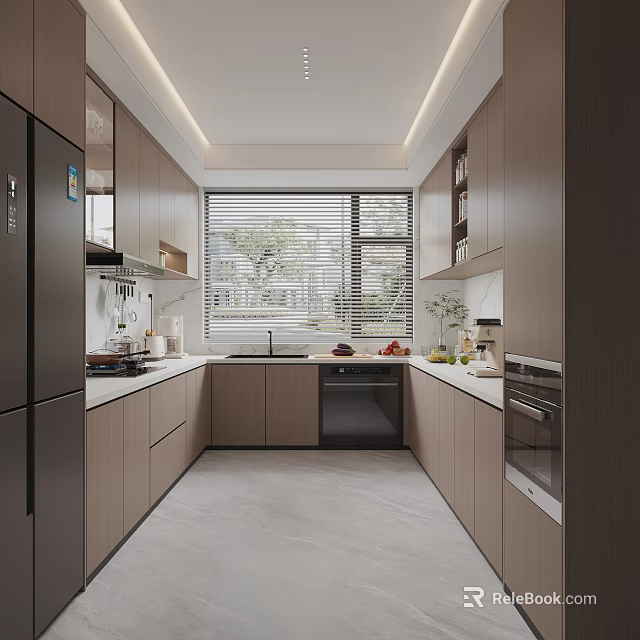 Modern Kitchen Interior With Dark Brown Cabinets White Countertops Window Blinds And Appliances 3d model 