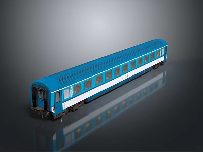 Blue And White Train Carriage Model With Windows On Reflective Gray Surface 3d model