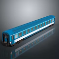Blue And White Train Carriage Model With Windows On Reflective Gray Surface