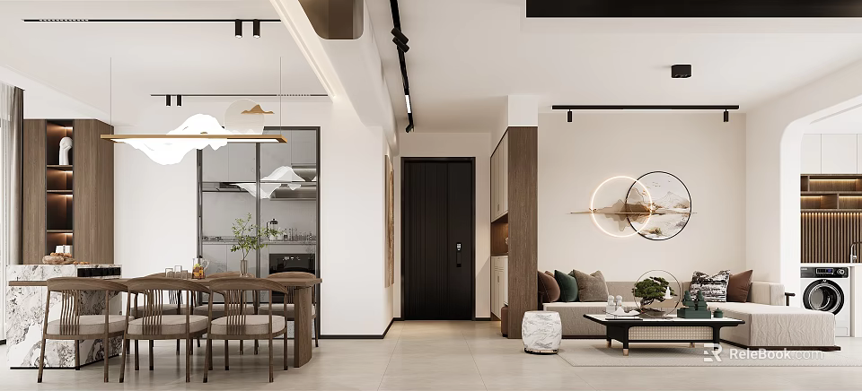 Modern Open Living Dining Room Interior With Sofa Dining Table And Pendant Lights 3d model