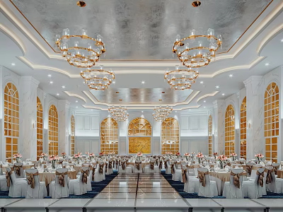 Luxurious Banquet Hall with Elegant Chandeliers White Gold Decor and Arched Windows 3d model